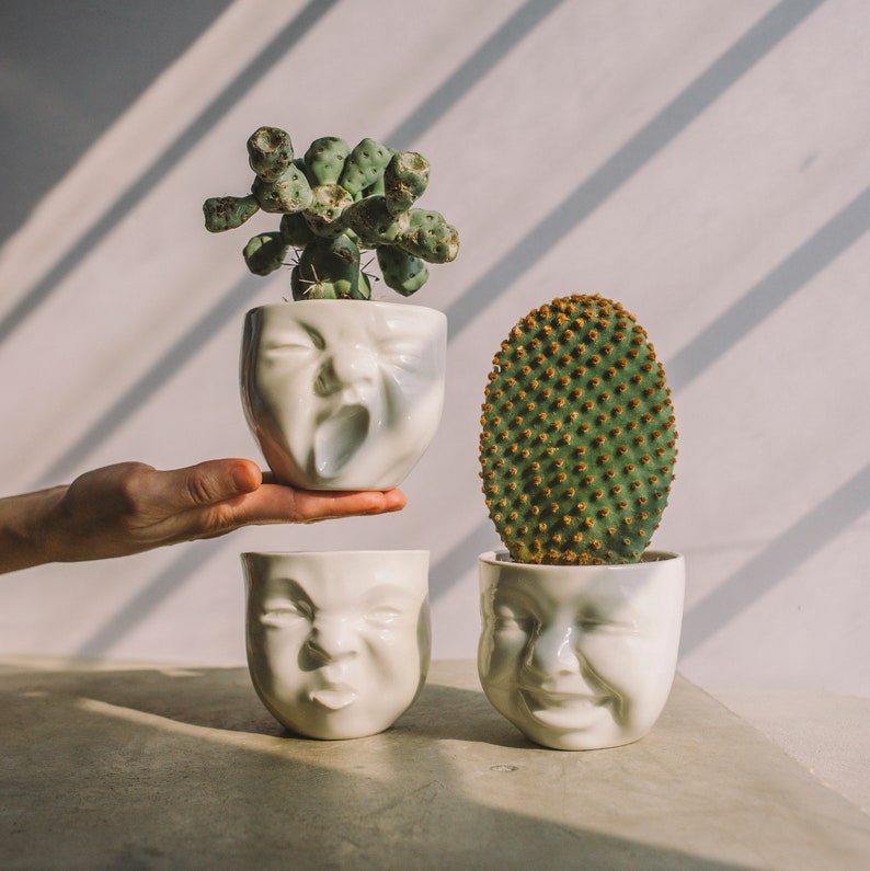 Handmade Ceramic Face Planters, Modern Succulent Head Pot - Thumbnail 4