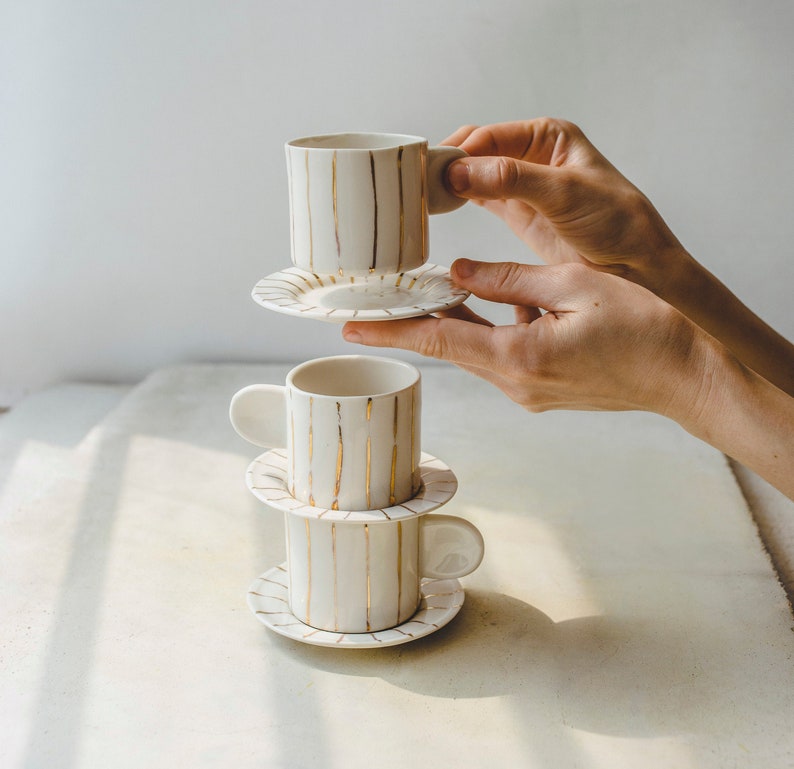 Handmade Porcelain Espresso Cup and Saucer Set Hand Painted Ceramic Coffee Cup Unique Coffee Mug Anniversary Gift Modern Pottery Mug 1 set image 1