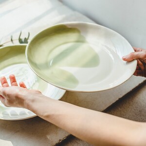 Handmade Pottery Green White Pasta Plate Ceramic Dinner Plate Ceramic Tableware Deep Plates Kitchen Decor Modern Dinnerware Wedding Gift Mom image 6