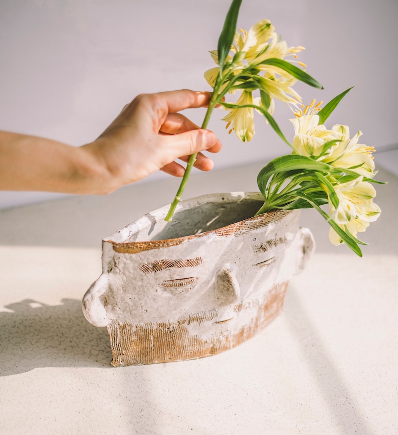 Modern Home Decor Vase for Flowers, Head Vase Handmade, Brown Ceramic Planter, Unique Pottery Gift, Decorative Fruit Bowl, New Home Gift Her image 10