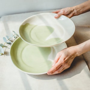 Handmade Pottery Green White Pasta Plate Ceramic Dinner Plate Ceramic Tableware Deep Plates Kitchen Decor Modern Dinnerware Wedding Gift Mom image 1