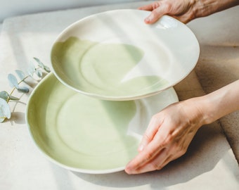 Handmade Pottery Green White Pasta Plate Ceramic Dinner Plate Ceramic Tableware Deep Plates Kitchen Decor Modern Dinnerware Wedding Gift Mom