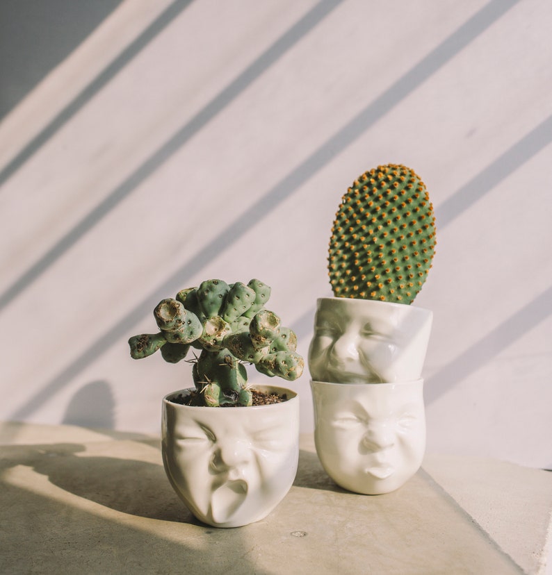 Handmade Ceramic Face Planters, Modern Succulent Head Pot - Thumbnail 3