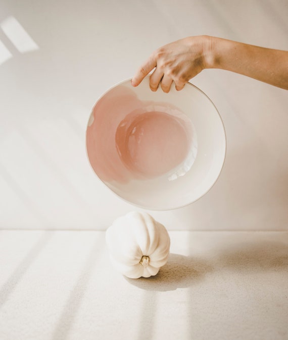Handmade Porcelain Pasta Bowl: Blush Pink, Large Ceramic Serving Bowl