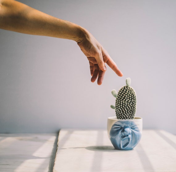 手作りの陶器製あくび顔プランター、多肉植物サボテン鉢 - Etsy 日本