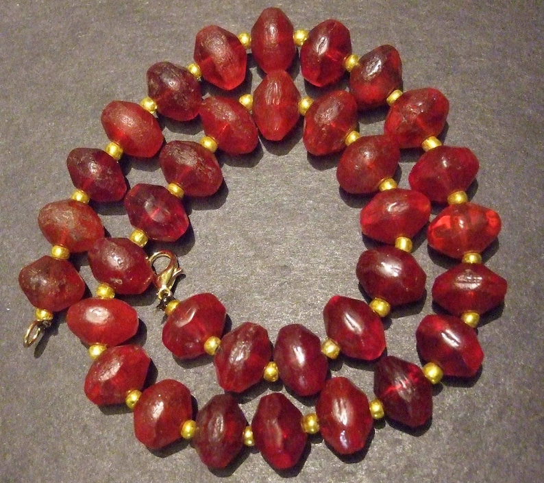 Red Vaseline Bohemian African Trade Bead Necklace With Gold Etsy