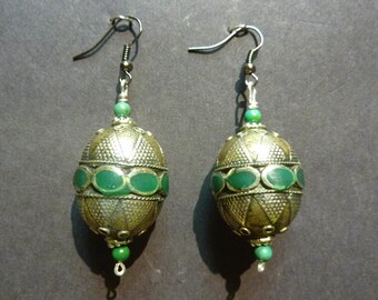 Vintage traditional beads with inlay jade. Beads 20x30 mm,  full earring 45 mm. vintage Turkmen Traditioal Alpaka "Naicha"