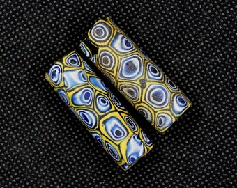 Pair #3,  tubular Venetian Millefiori  African Trade beads, 38x14 mm, black core, 3mm hole.