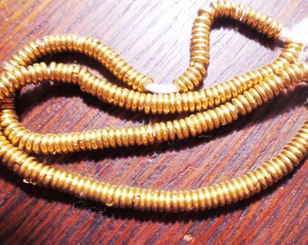12" African trade, Vintage Ethiopian  brass heishi spacer beads,  1 x 4 mm.