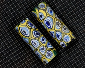 Pair #4,  tubular Venetian Millefiori  African Trade beads, 38x14 mm, black core, 3mm hole.