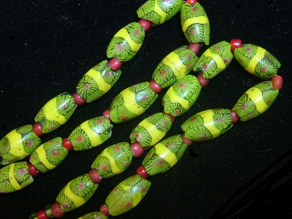 African Trade Venetian millefiori vintage glass beads with white hearts, 28  inch necklace