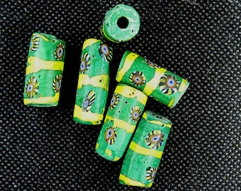 Venetian millefiori  African trade beads, set of 6.  24x12 mm