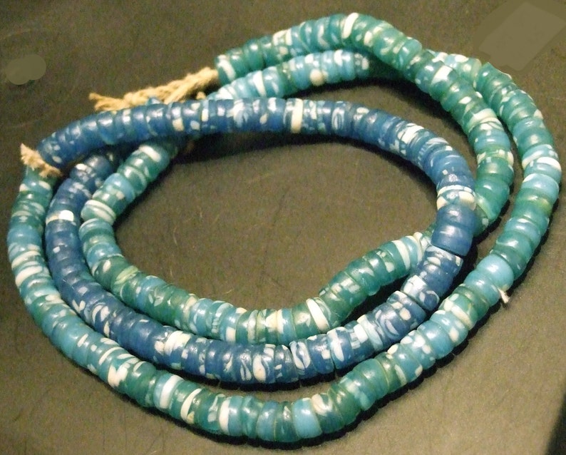 28 BET4125 beautiful spacers great condition Kakamba Bohemian African Trade beads 6 mm wide translucent aqua and blue 4 mm thick