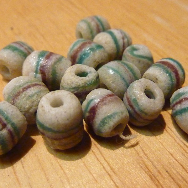 SC1 --Old hand made striped sand cast beads made in Ghana, 15 beads 8x10 mm, 2-3 mm hole