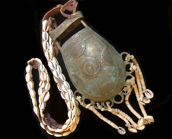 Very Old Brass Gun Powder Pouch From Zair/congo, With Cowrie Shell  Embellished Shoulder Strap. .lid Slides up and Down. 32 -  Canada