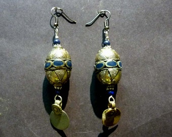 Vintage traditional beads with inlay lapis and tribal silver dangles. Beads 20x30 mm,  full earring 60 mm.