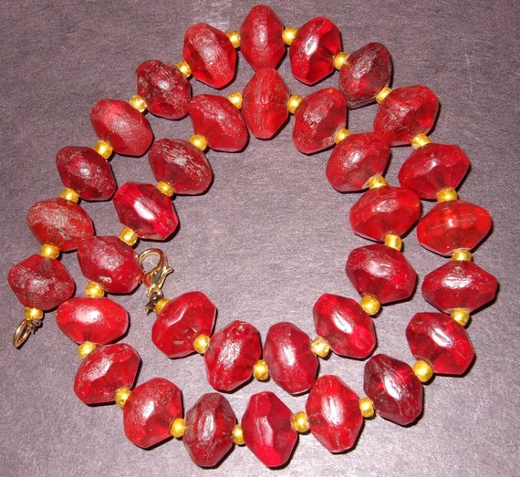 Red vaseline Bohemian African Trade  bead necklac… - image 1