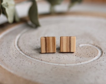 Square Studs in Olivewood - Wood earrings - Wooden Jewelry - Hypoallergenic - Titanium Post