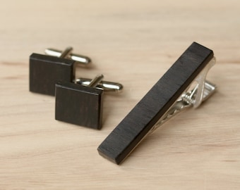 Wood Tie Clip & Cuff link Set in Ebony