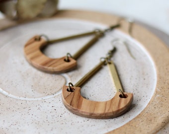 Olivewood Drop Earrings - Wood and Brass