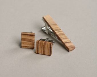 Wood Wooden Tie Clip & Cuff Link Set - Cufflinks, Cuff Link, Tie Bar - Olivewood - Groomsmen and Groom gift, 5th Anniversary, Wedding Party