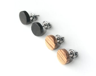 Wooden Circle Studs (Two Pair Set) - Black Ebony Wood & Zebrawood