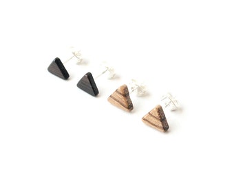 Mini Wooden Triangle Studs (Two Pair Set) - Black Ebony Wood & Zebrawood
