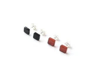 Mini Wooden Square Studs (Two Pair Set) - Black Ebony Wood & Red Padauk