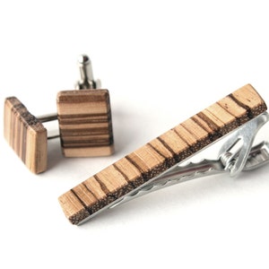 Wooden Tie Clip and Cuff Link Set, Zebrawood, Brown and Beige, Wedding Day, Fathers Day, Groomsmen Gift, Best Man Gift image 1