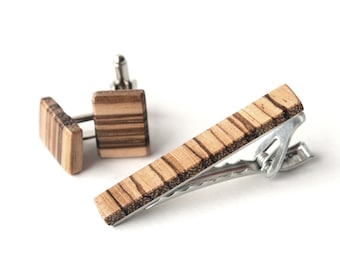 Wooden Tie Clip and Cuff Link Set, Zebrawood, Brown and Beige, Wedding Day, Fathers Day, Groomsmen Gift, Best Man Gift