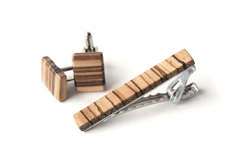 Wooden Tie Clip and Cuff Link Set, Zebrawood, Brown and Beige, Wedding Day, Fathers Day, Groomsmen Gift, Best Man Gift image 1