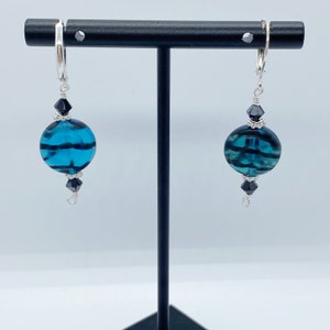 Vintage Blue Glass Swirl Bead with Jet Swarovski Crystal Drop Earrings