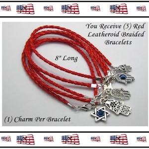 May include: Five red leatheroid braided bracelets, each 8 inches long, with a silver charm. The charms include a hamsa hand with an evil eye, a hamsa hand with a star of David, and a hamsa hand with a floral design. You Receive (5) Red Leatheroid Braided Bracelets.