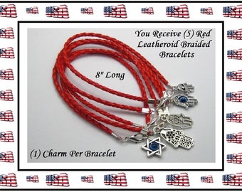Kabbalah Hamsa Hand Charms Red Leatheroid Braided String Bracelets U Receive (5) Bracelets With (5) Different Charms (1) Charm Per Bracelet