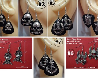 1) Pair Skull Heads Earrings Stainless Steel Choose Skull Bones Owls Horseshoes Cowboy Boots Boating Anchor Skull Crown Sword Guitar Picks