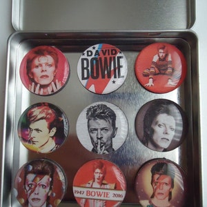 David Bowie Tribute To David Bowie  (9)  1&quot; Frig Magnets Collector Set Awesome Gift For Any David Bowie Collector Magnetic tin Included Gift