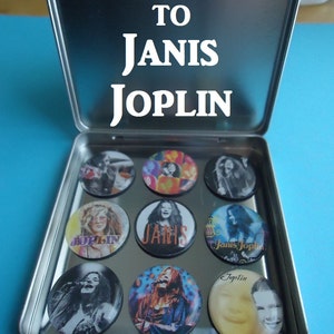 Janis Joplin Tribute To Janis Joplin (9) 1&quot; Frig Magnets Collector Set Awesome Gift 4 Any Janis Joplin Collector Magnetic tin Included Gift