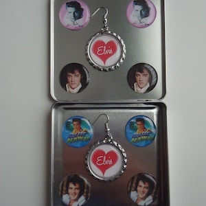 Elvis 2) New Sets Elvis Presley (5) Pairs in 1 Elvis Presley Magnetic Button Interchangable Earrings Gift Elvis Fan Collectible Magnetic Tin