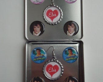 Elvis 2) New Sets Elvis Presley (5) Pairs in 1 Elvis Presley Magnetic Button Interchangable Earrings Gift Elvis Fan Collectible Magnetic Tin