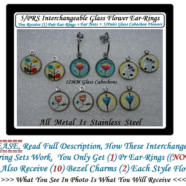 Flower Earrings Interchangable (5) Pairs In (1) Set All Metal Stainless Steel Parts 10MM Glass Domes 5 Different Flowers Dainty Earrings