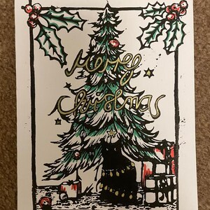 Carte de Noël linogravure Chat sous le sapin