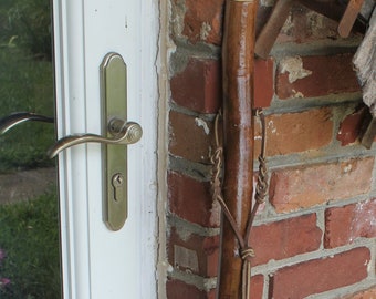 May include: A brown walking stick with a light brown handle and leather straps. The stick is leaning against a brick wall.