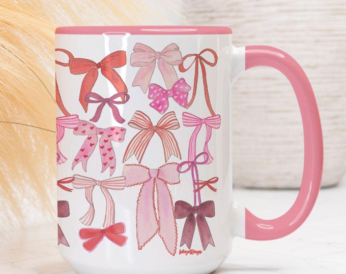 Valentines Bows Mug, Valentines Coffee Mug, Pink Bow Decor, 15 oz Mug, Bow Coffee Mug, Valentines Kitchen, bow Lover Coffee Cup