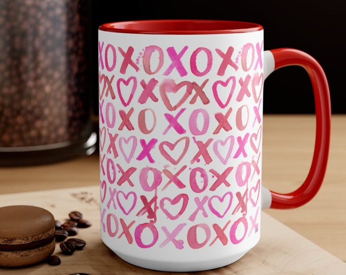 Valentine's XOXO Mug, Valentines Day Coffee Mug, 15 oz Mug, Pink Hearts Coffee Mug, Valentines Kitchen, Gift for Her, Hugs and Kisses