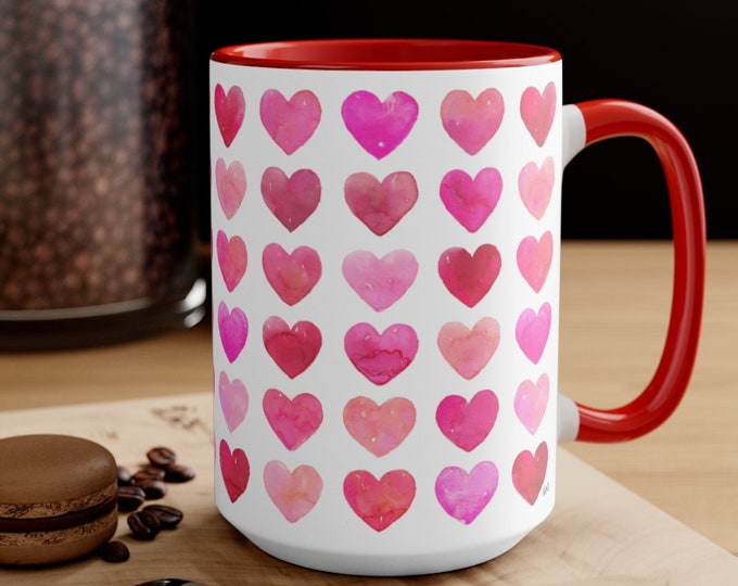 Valentine's Pink and Red Heart Mug, Valentines Day Coffee Mug, 15 oz Mug, Pink Hearts Coffee Mug, Valentines Kitchen, Gift for Her