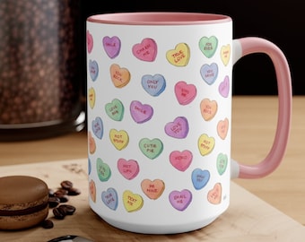 Valentine's Conversation Hearts Mug, Valentines Day Coffee Mug, 15 oz Mug, Pink Hearts Coffee Mug, Valentines Kitchen, Gift for Her