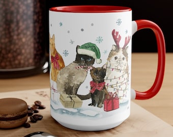 Holiday Cats Mug, Christmas Coffee Mug, Christmas Decor, 15 oz Mug, Cats Coffee Mug, Holiday Kitchen, Cat Lover Coffee Cup