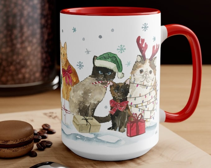 Holiday Cats Mug, Christmas Coffee Mug, Christmas Decor, 15 oz Mug, Cats Coffee Mug, Holiday Kitchen, Cat Lover Coffee Cup