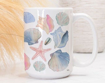 Sea Shells Coffee Mug, Coastal Coffee Mug, Summer Decor, 15 oz Mug, Beach Lover Gift, Summer Kitchen, Coastal Bar Decor