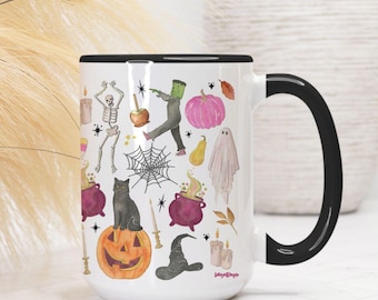 Halloween Mug 15oz – Cute Spooky Coffee Mug with Black Cats, Pumpkins, Spider Webs, October Mug, Fall Halloween Gift